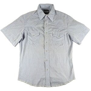 Wrangler Shirt Mens Medium Blue Check Short Sleeve Pearl Snap Western Casual